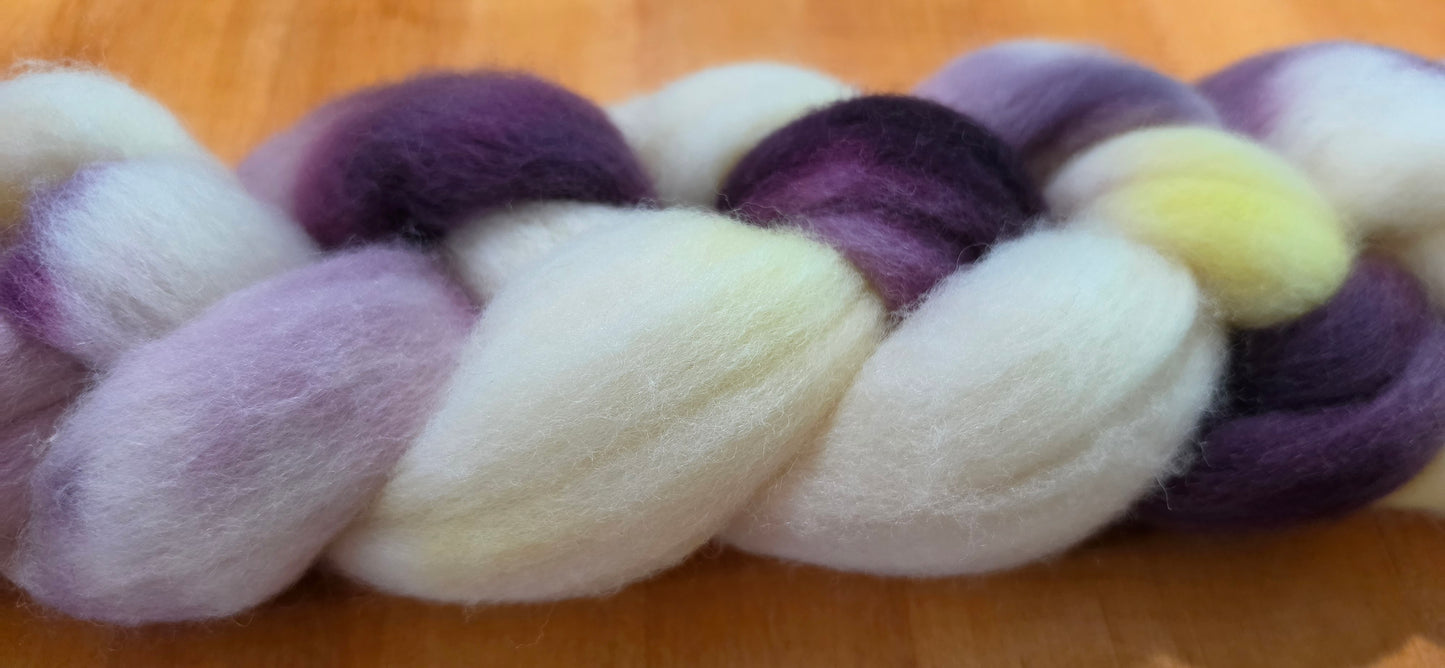 Blueberry Lemon Zest Corriedale Wool Fiber Braid Roving for Spinning or Felting