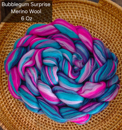Bubblegum Surprise Merino Wool 6 oz Wool Fiber Braid