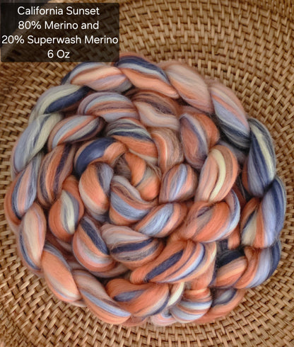 California Sunset Merino Wool and Superwash Merino Wool 6 Ounce Wool Fiber Braid