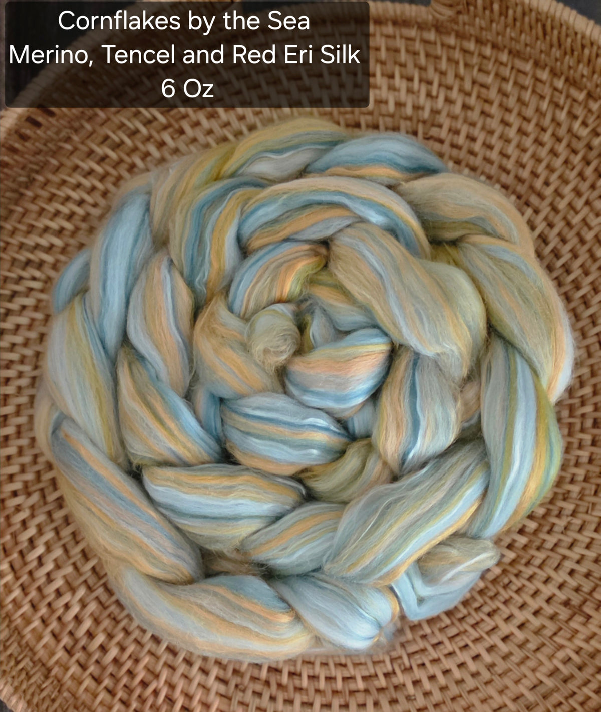 Cornflakes by the Sea Merino Wool Tencel and Red Eri Silk 6 Oz Wool Fiber Braid