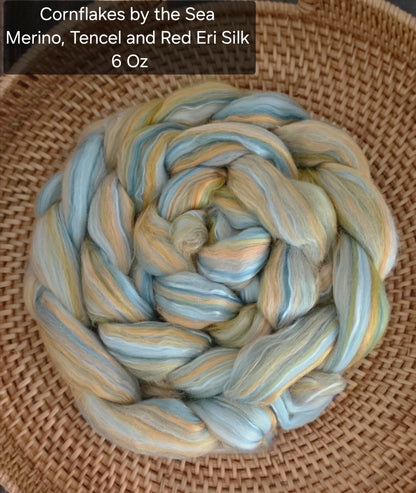 Cornflakes by the Sea Merino Wool Tencel and Red Eri Silk 6 Oz Wool Fiber Braid