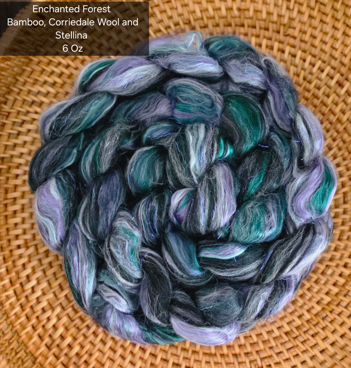 Enchanted Forest Bamboo Corriedale Wool and Stellina 6 Oz Wool Fiber Braid for Spinning