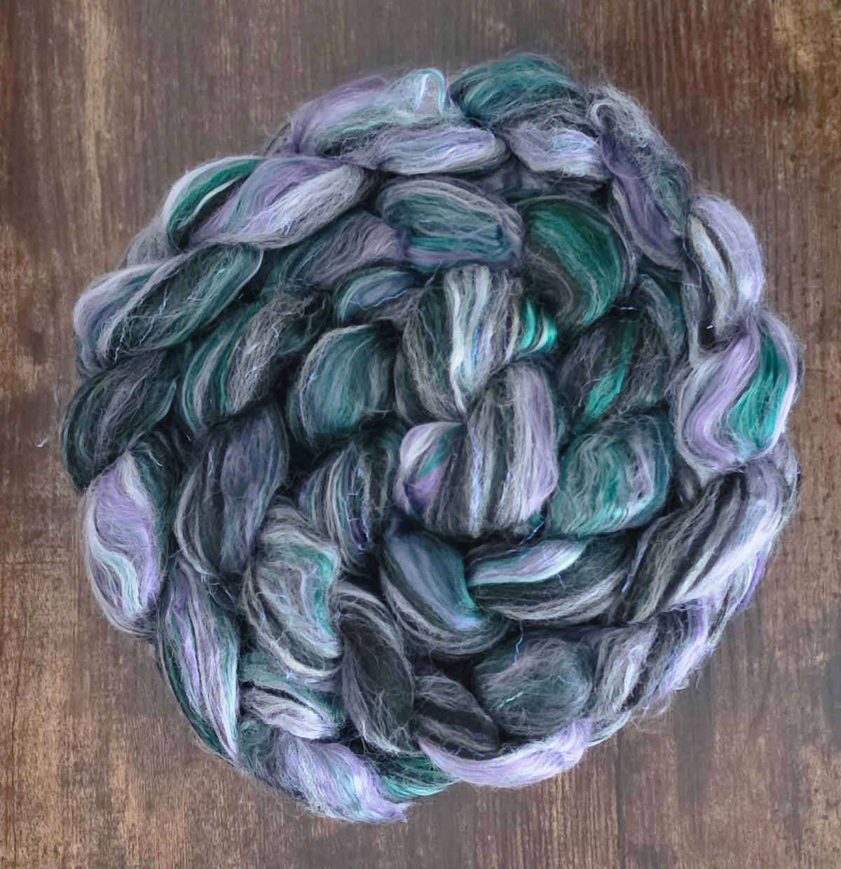 Enchanted Forest Bamboo Corriedale Wool and Stellina 6 Oz Wool Fiber Braid for Spinning