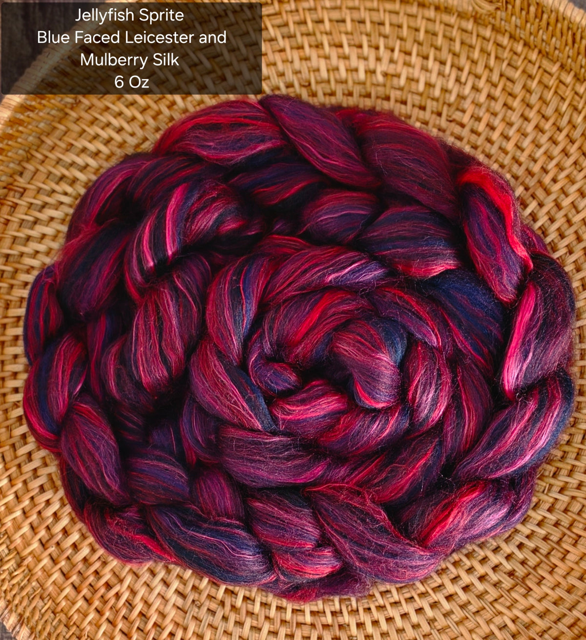 Jellyfish Sprite BFL and Mulberry Silk 6 Oz Wool Fiber Braid Blue Faced Leicester for Spinning or Felting