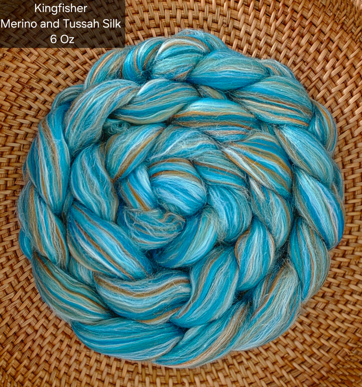 Kingfisher Merino Wool and Tussah Silk 6 Ounce Wool Fiber Braid for Spinning or Felting