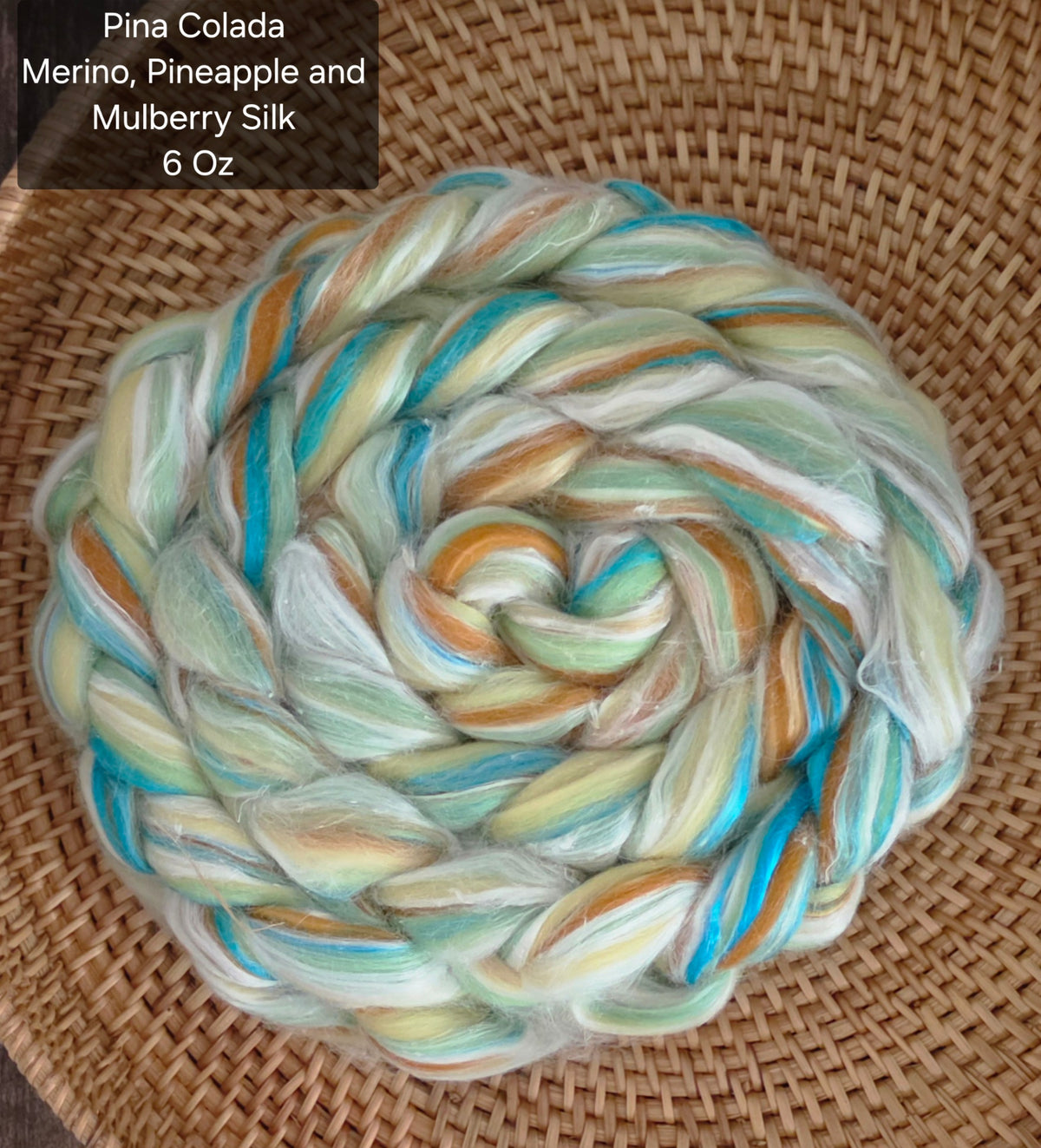 Pina Colada Merino Pineapple Mulberry Silk 6 Oz Braid Fiber for Spinning