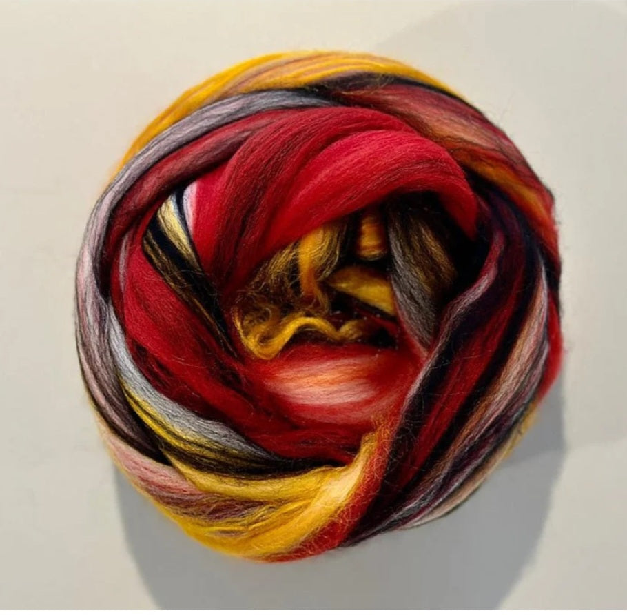 Red Admiral Merino Wool Fiber Braid with Streaks of Eri Silk and Bamboo