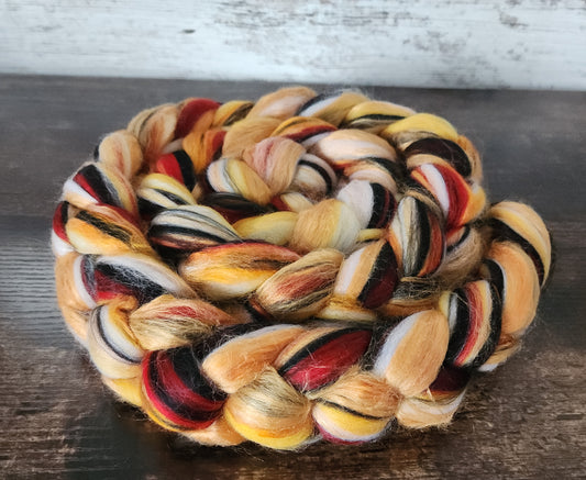 Red Admiral Merino Wool Fiber Braid with Streaks of Eri Silk and Bamboo