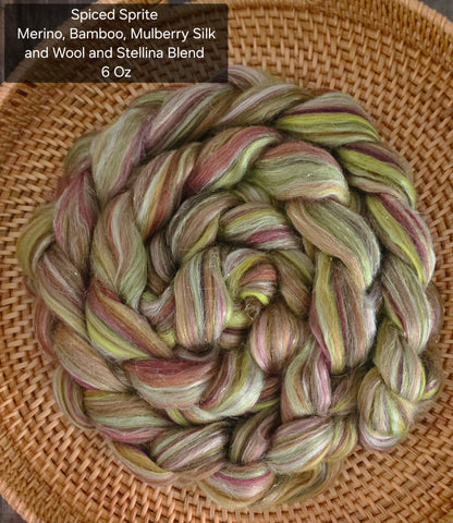 Spiced Sprite Merino Bamboo Mulberry Silk Wool and Stellina Blend 6 Oz Wool Fiber Braid for Spinning or Felting