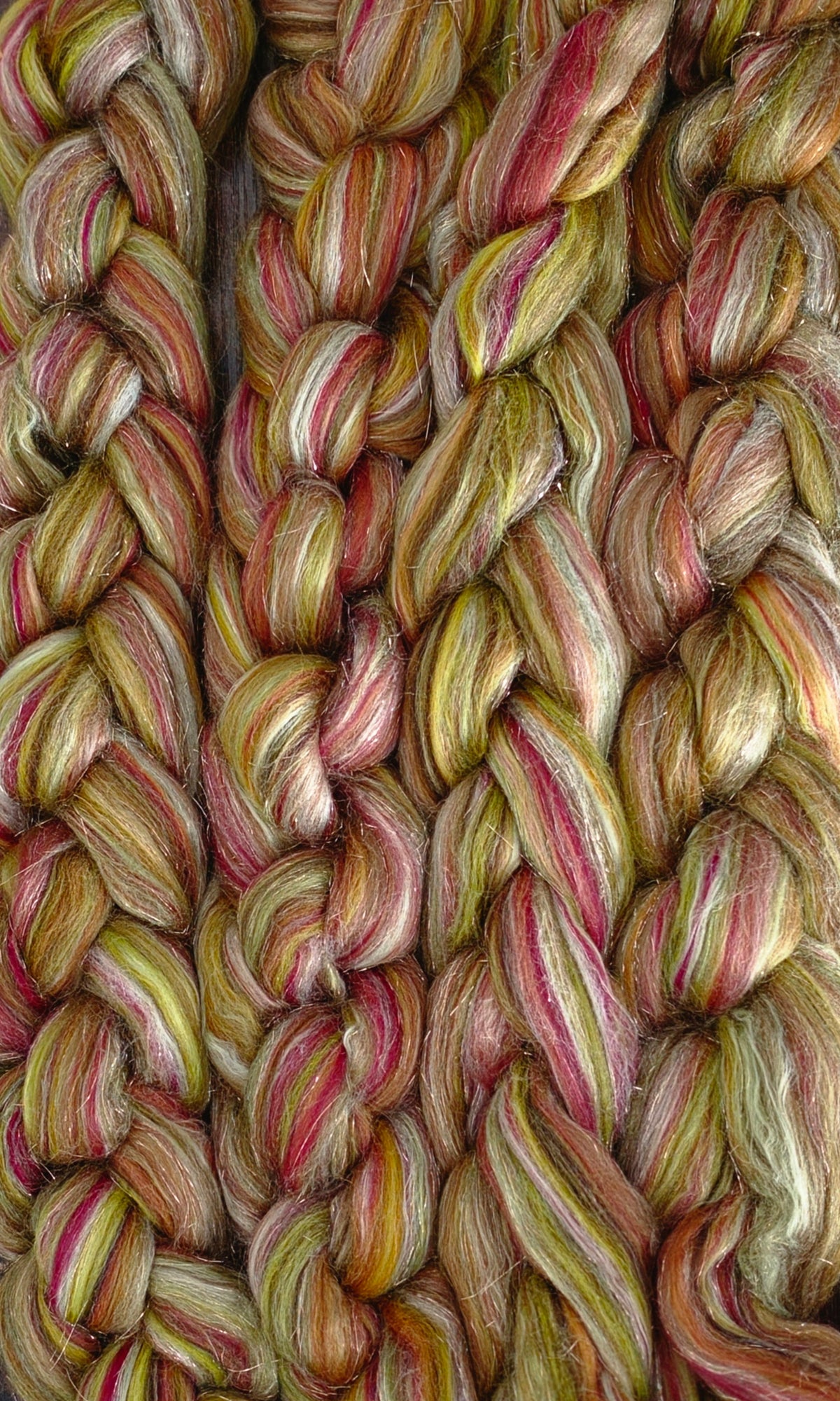 Spiced Sprite Merino Bamboo Mulberry Silk Wool and Stellina Blend 6 Oz Wool Fiber Braid for Spinning or Felting