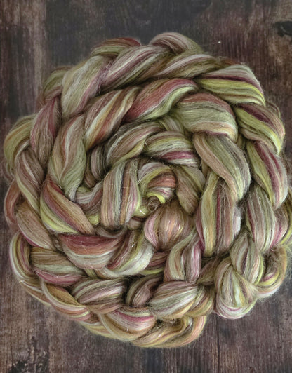 Spiced Sprite Merino Bamboo Mulberry Silk Wool and Stellina Blend 6 Oz Wool Fiber Braid for Spinning or Felting