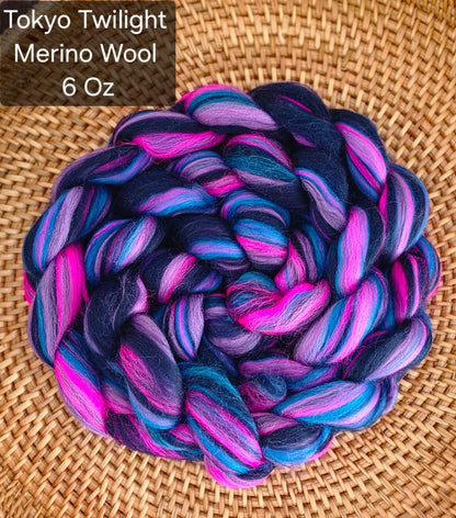 Tokyo Twilight Merino Wool 6 Oz Braid Fiber for Spinning or Felting